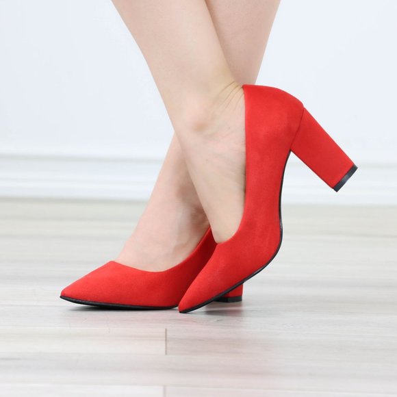 Classic Block High Heel Slip On Pointed Toe Pumps Red Suede - Picture 6 of 12